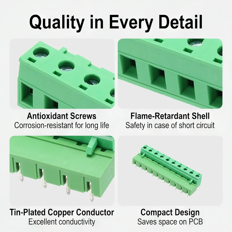 5Sets 10Pin 7.62mm Pitch Screw Terminal Block Connector, Closed‑end Bent Pin