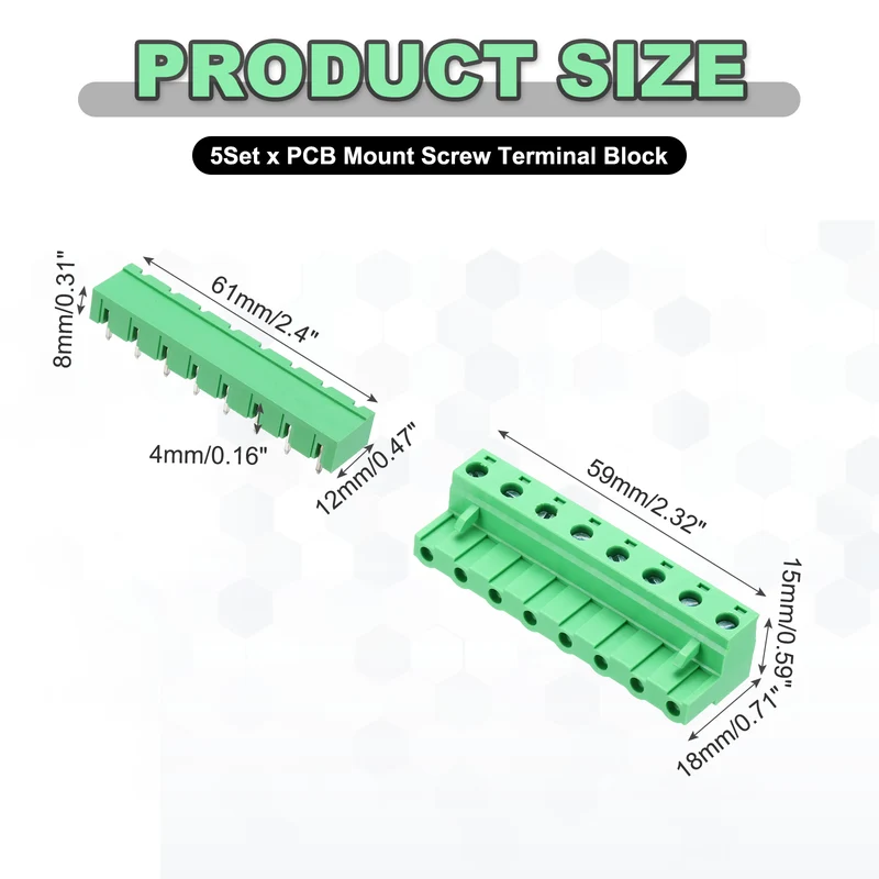 5Sets 8Pin 7.62mm Pitch Screw Terminal Block Connector, Closed‑end Bent Pin