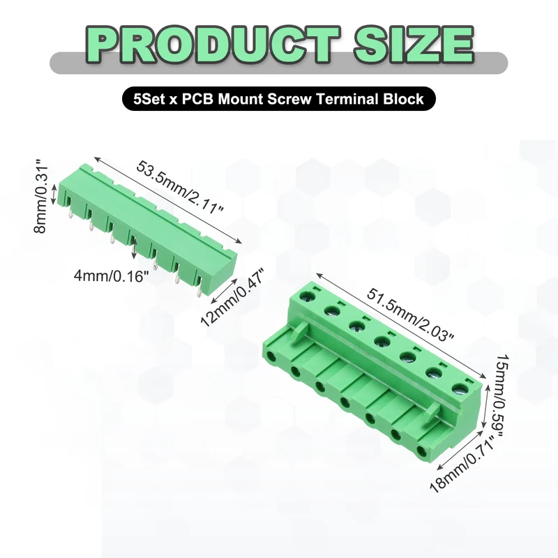 5Sets 7Pin 7.62mm Pitch Screw Terminal Block Connector, Closed‑end Bent Pin