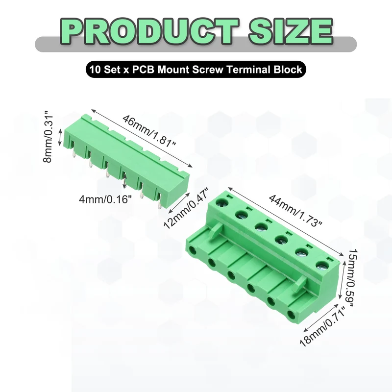 10Sets 6Pin 7.62mm Pitch Screw Terminal Block Connector, Closed‑end Bent Pin