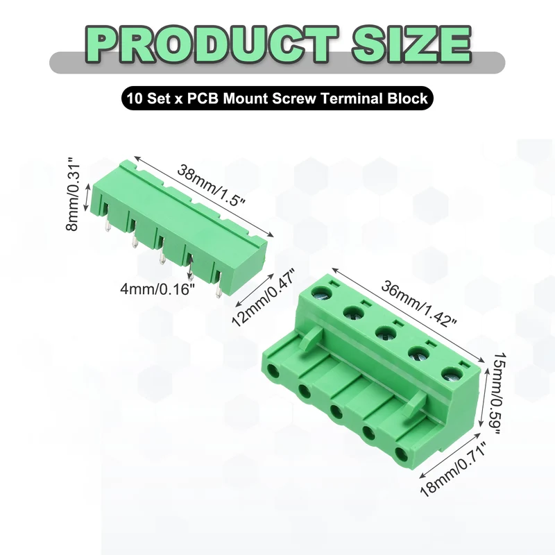 10Sets 5Pin 7.62mm Pitch Screw Terminal Block Connector, Closed‑end Bent Pin