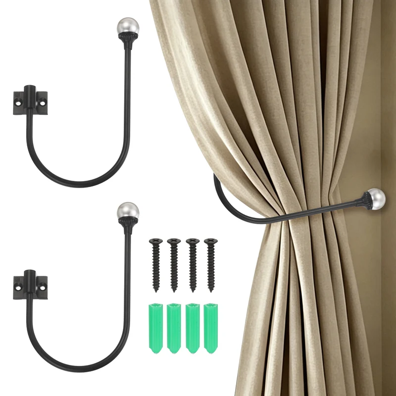 2Pcs Curtain Holdbacks Pearl Handcrafted Metal Holders with Strong Grip, Black