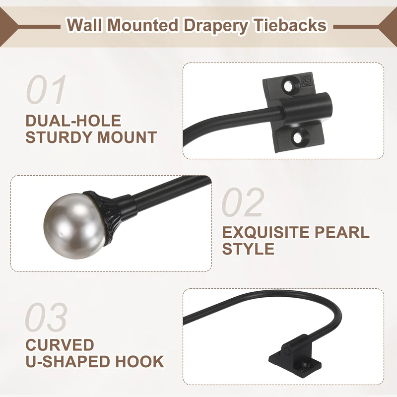 2Pcs Curtain Holdbacks Pearl Handcrafted Metal Holders with Strong Grip, Black