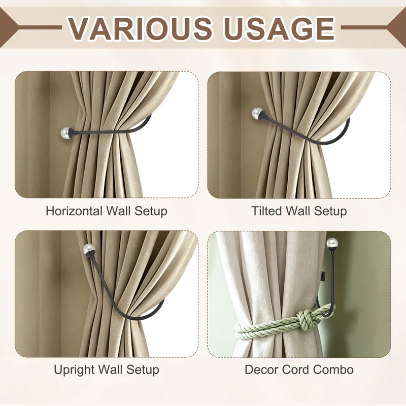 2Pcs Curtain Holdbacks Pearl Handcrafted Metal Holders with Strong Grip, Black