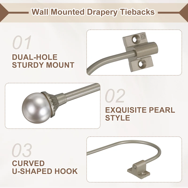 2Pcs Curtain Holdbacks Pearl Handcrafted Metal Holders with Strong Grip, Silver