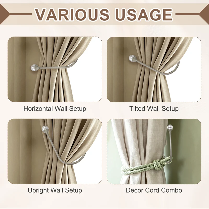 2Pcs Curtain Holdbacks Pearl Handcrafted Metal Holders with Strong Grip, Silver