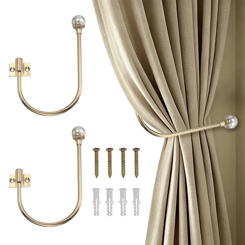 2Pcs Curtain Holdbacks Pearl Handcrafted Metal Holders with Strong Grip, Gold