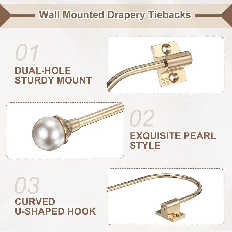 2Pcs Curtain Holdbacks Pearl Handcrafted Metal Holders with Strong Grip, Gold