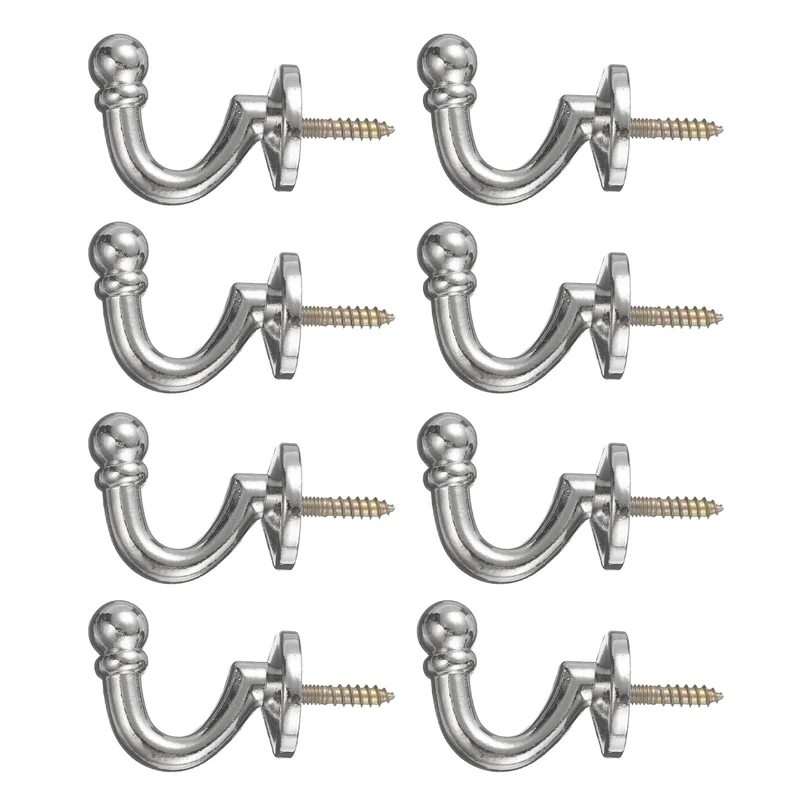 8Pcs Curtain Holdbacks Zinc Alloy Wall Mounted Curtain Tieback Hook, Silver