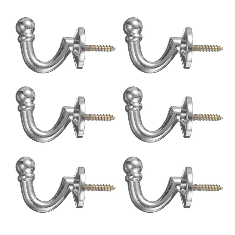 6Pcs Curtain Holdbacks Zinc Alloy Wall Mounted Curtain Tieback Hook, Silver