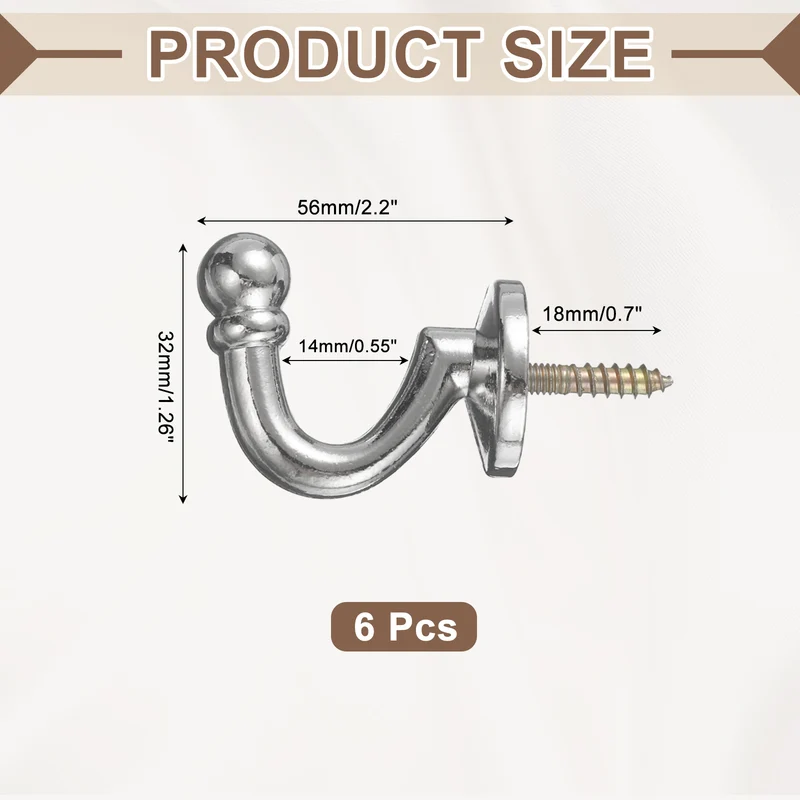 6Pcs Curtain Holdbacks Zinc Alloy Wall Mounted Curtain Tieback Hook, Silver