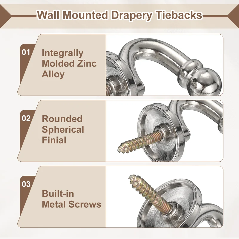 6Pcs Curtain Holdbacks Zinc Alloy Wall Mounted Curtain Tieback Hook, Silver