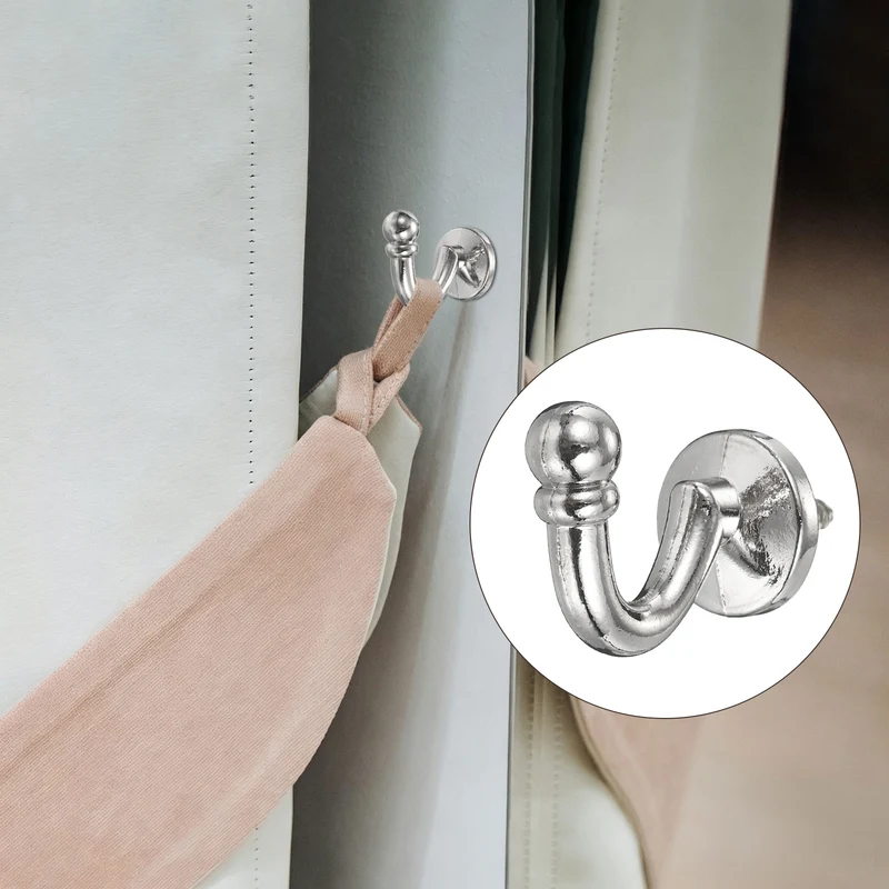6Pcs Curtain Holdbacks Zinc Alloy Wall Mounted Curtain Tieback Hook, Silver