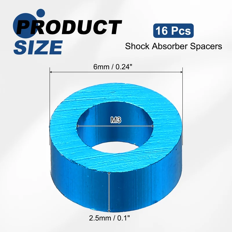 16Pcs Aluminum RC Shock Absorber Spacers, M3x6x2.5mm(IDxODxT) Light Blue