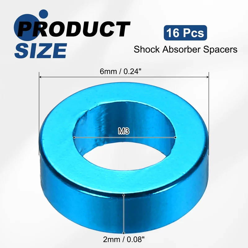 16Pcs Aluminum RC Shock Absorber Spacers, M3x6x2mm(IDxODxT) Light Blue
