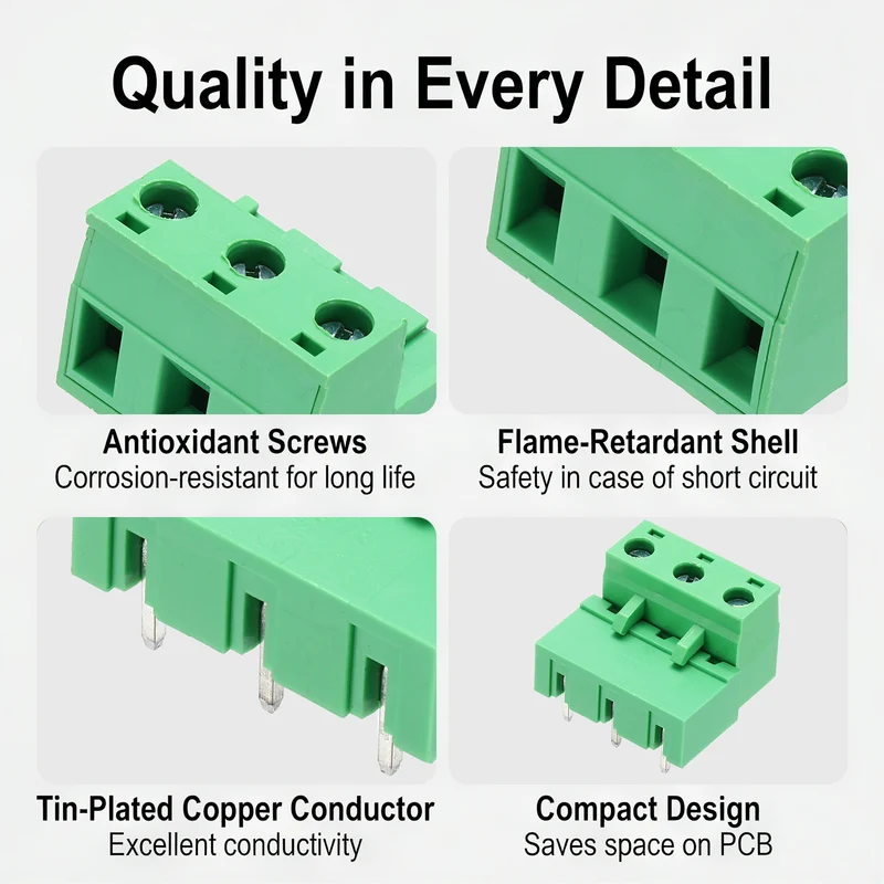 10Sets 3Pin 7.62mm Pitch Screw Terminal Block Connector, Closed‑end Bent Pin
