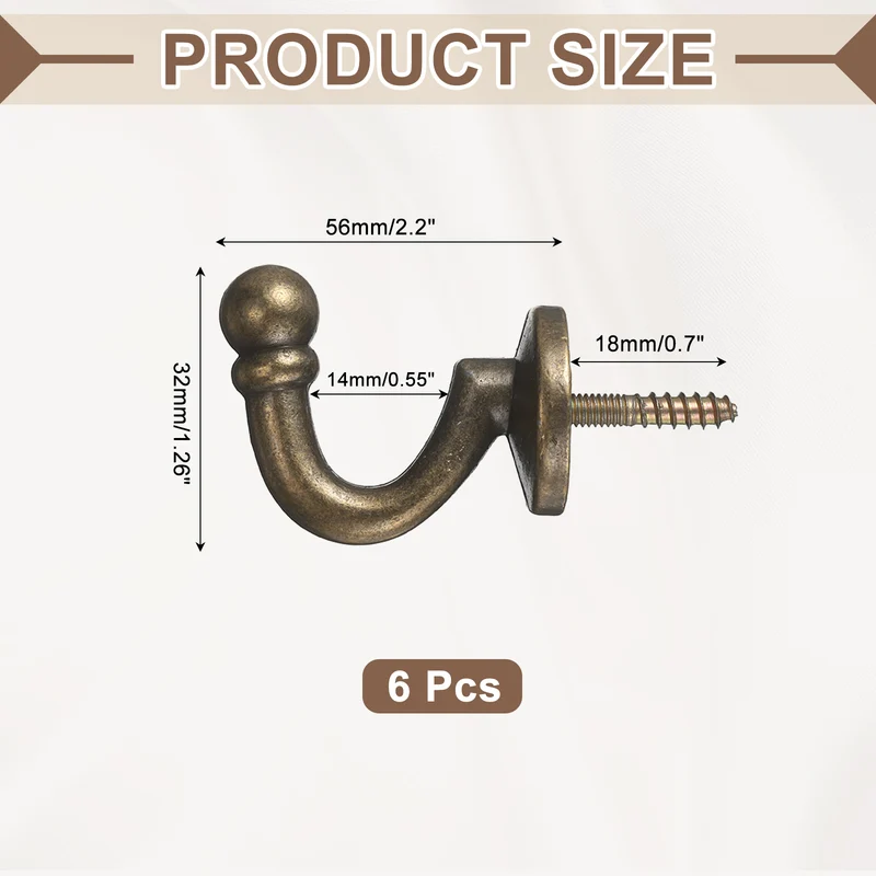 6Pcs Curtain Holdbacks Zinc Alloy Wall Mounted Curtain Tieback Hook, Bronze