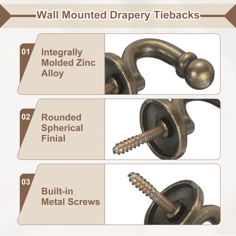 4Pcs Curtain Holdbacks Zinc Alloy Wall Mounted Curtain Tieback Hook, Bronze