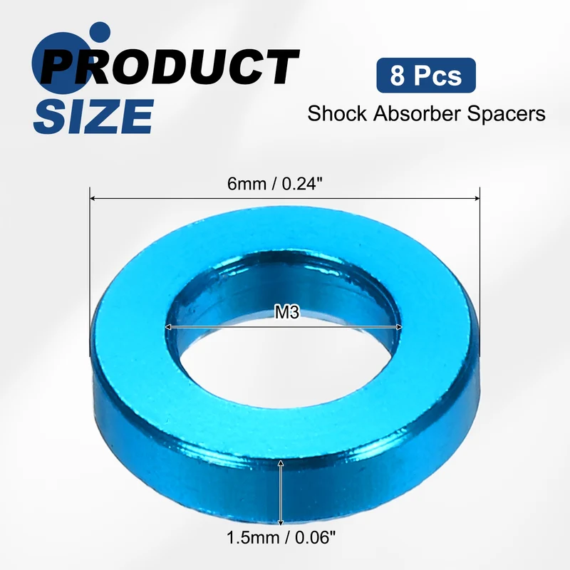 8Pcs Aluminum RC Shock Absorber Spacers, M3x6x1.5mm(IDxODxT) Light Blue