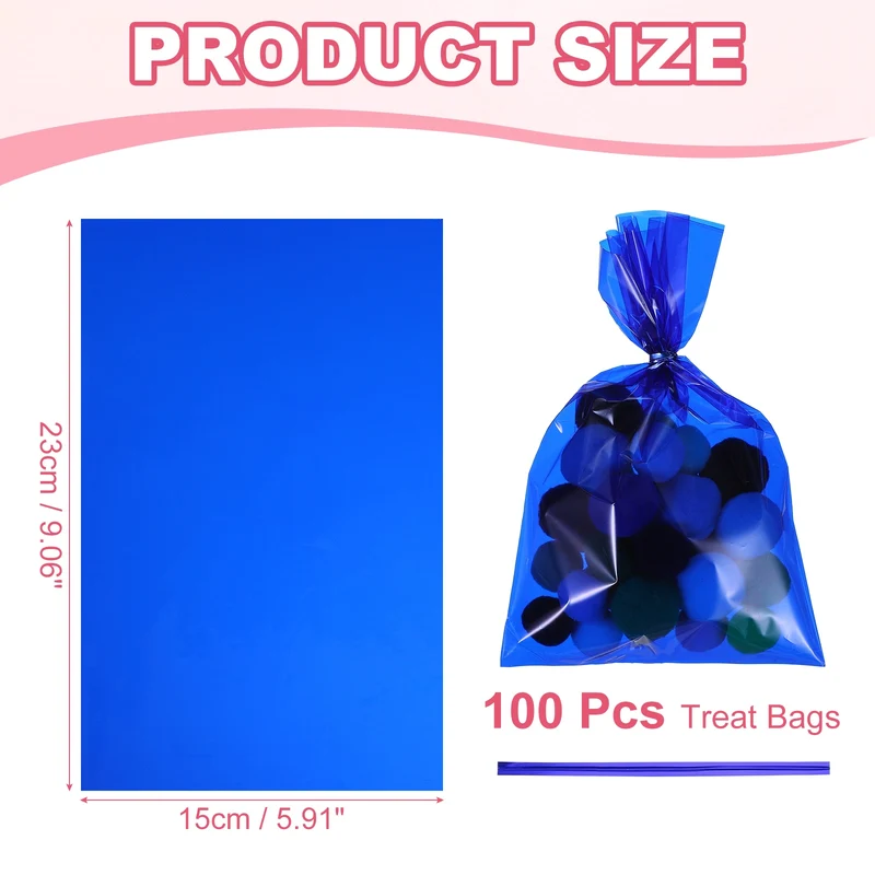 Treat Bags 100 Pcs 9x6 Inch Candy Gift Bags with Twist Ties Blue