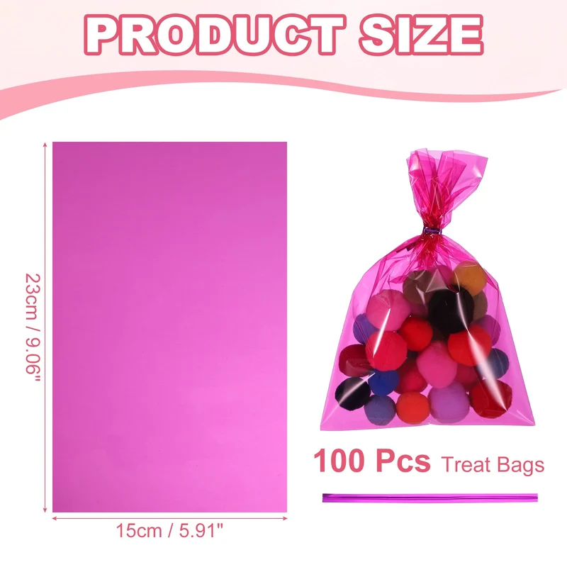 Treat Bags 100 Pcs 9x6 Inch Candy Gift Bags with Twist Ties Rose Red