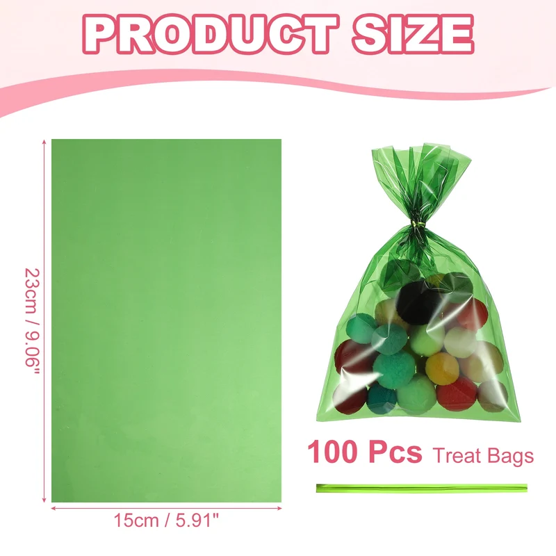 Treat Bags 100 Pcs 9x6 Inch Candy Gift Bags with Twist Ties Green