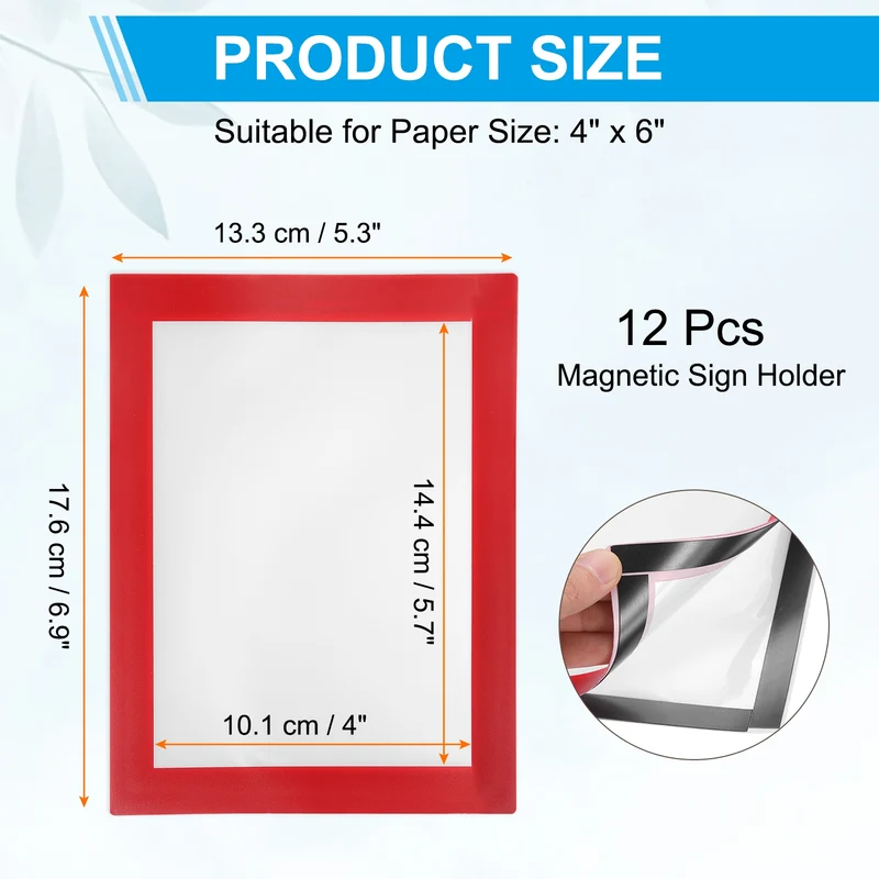 12Pcs 4 x 6 Inch Magnetic Sign Holder Self-Adhesive Border Wall Mount Red
