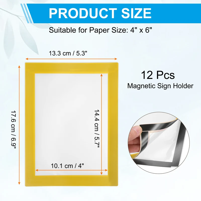 12Pcs 4 x 6 Inch Magnetic Sign Holder Self-Adhesive Border Wall Mount Yellow