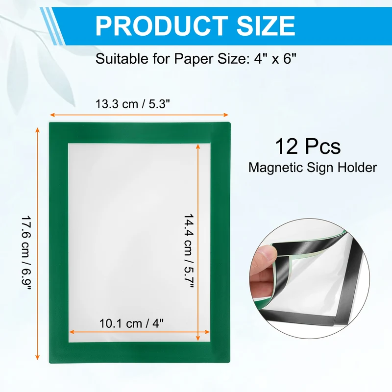12Pcs 4 x 6 Inch Magnetic Sign Holder Self-Adhesive Border Wall Mount Green