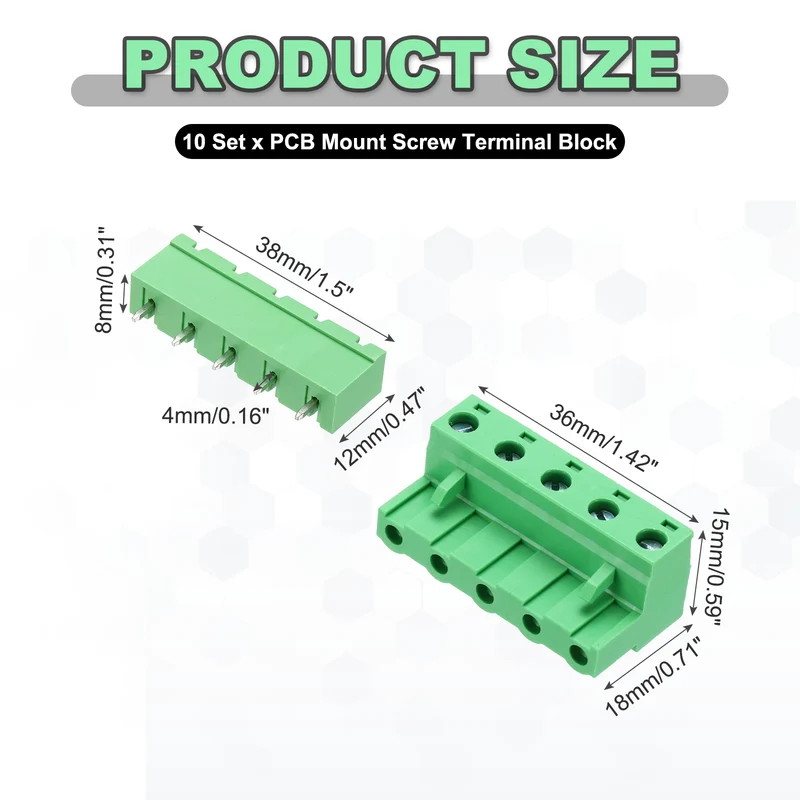 10Sets 5Pin 7.62mm Pitch Screw Terminal Block Connector, Closed‑end Straight Pin