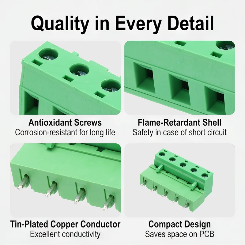 10Sets 5Pin 7.62mm Pitch Screw Terminal Block Connector, Closed‑end Straight Pin