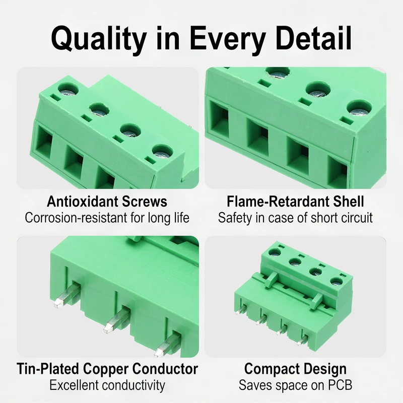 10Sets 4Pin 7.62mm Pitch Screw Terminal Block Connector, Closed‑end Straight Pin