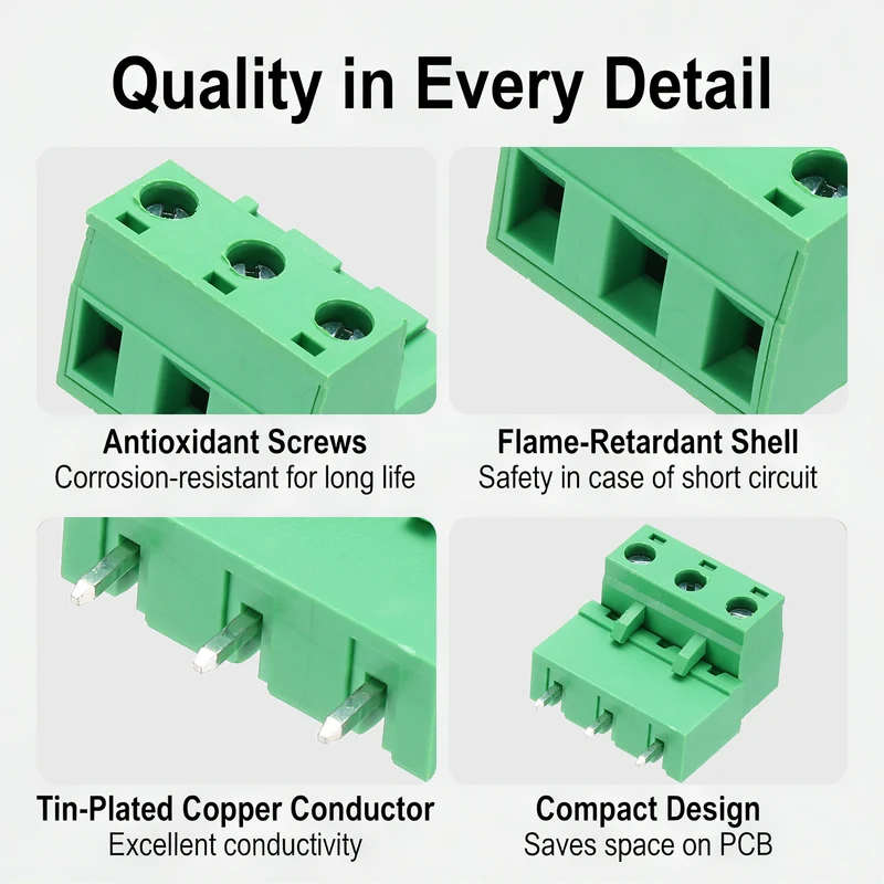 10Sets 3Pin 7.62mm Pitch Screw Terminal Block Connector, Closed‑end Straight Pin