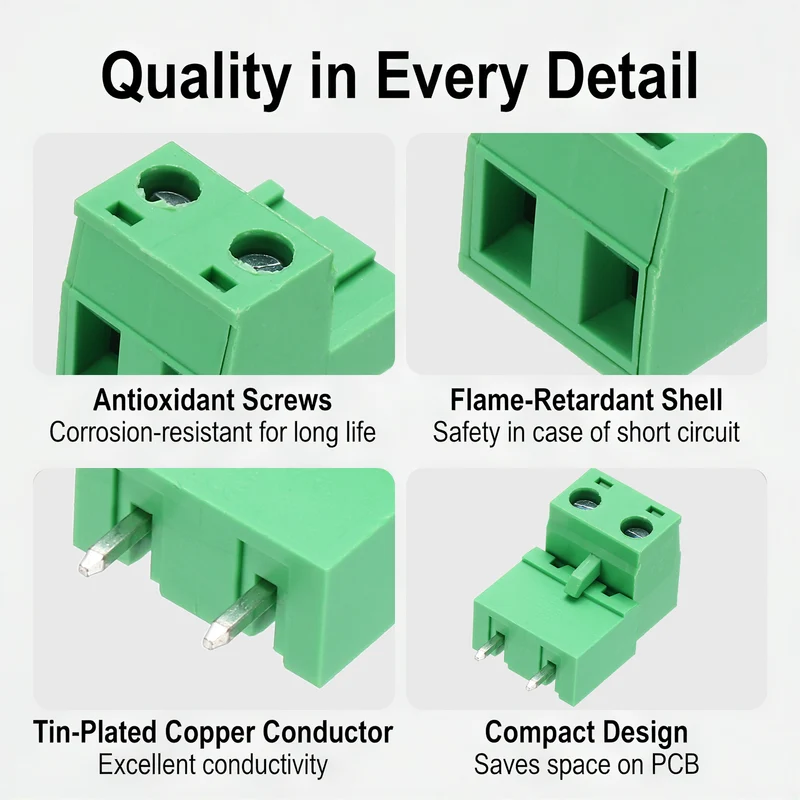 10Sets 2Pin 7.62mm Pitch Screw Terminal Block Connector, Closed‑end Straight Pin