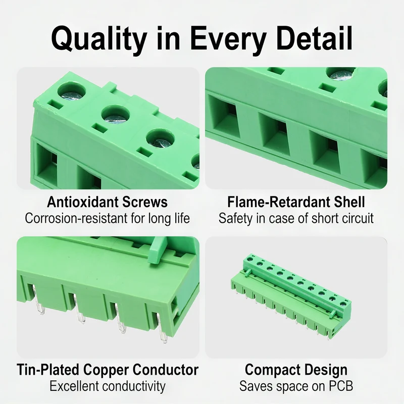 5Sets 10Pin 7.62mm Pitch Screw Terminal Block Connector, Open‑end Bent Pin