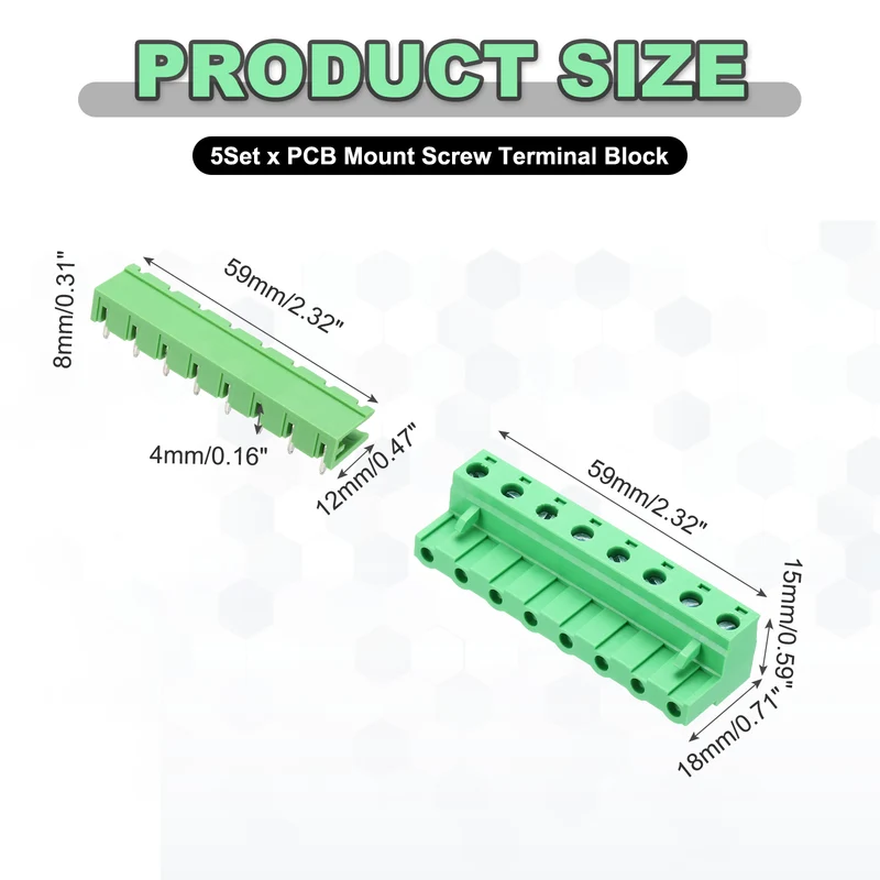 5Sets 8Pin 7.62mm Pitch Screw Terminal Block Connector, Open‑end Bent Pin