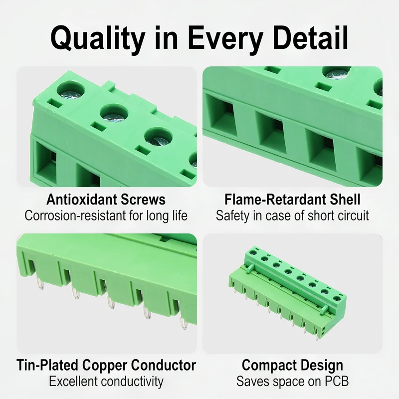 5Sets 8Pin 7.62mm Pitch Screw Terminal Block Connector, Open‑end Bent Pin