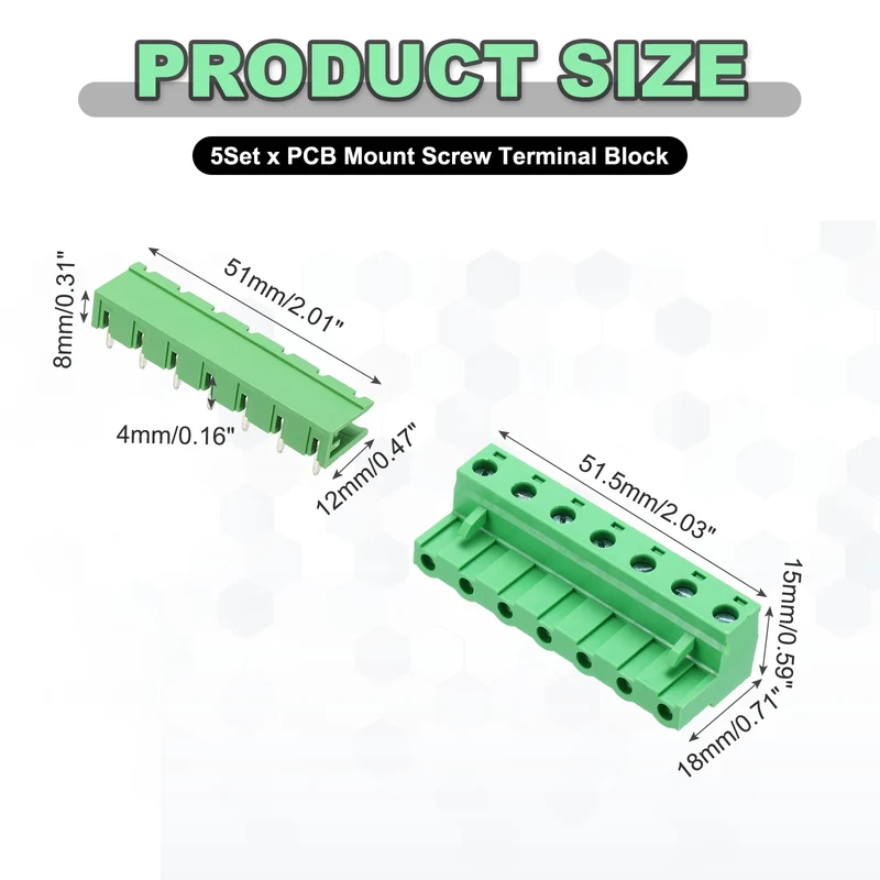 5Sets 7Pin 7.62mm Pitch Screw Terminal Block Connector, Open‑end Bent Pin