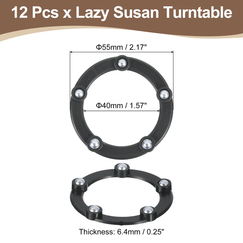 12Pcs 2 Inch Rotating Swivel Stand with Steel Ball Bearings, Lazy Susan Base Turntable Bearing Plate Round Table Swivel Base for Home Kitchen, Black, 5 Balls