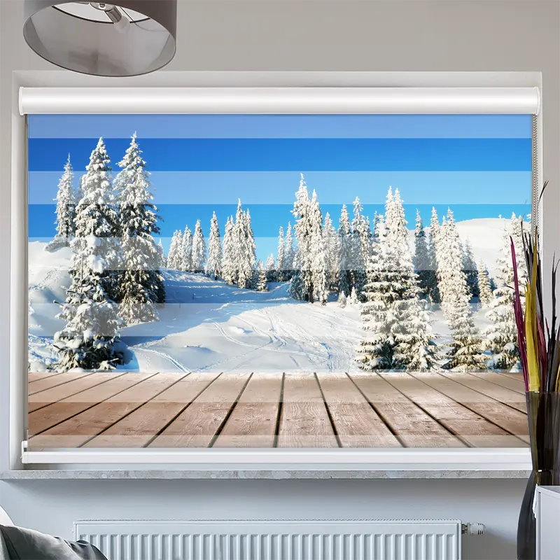 Doppelrollo mit Kassette "Holzsteg Schneelandschaft"