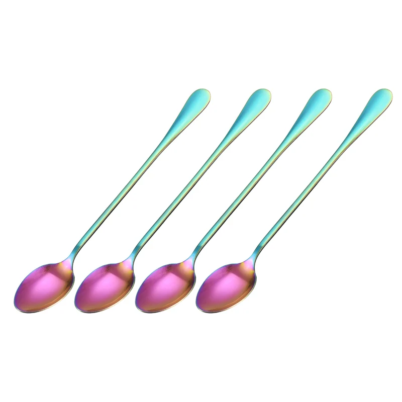 Set of 4 Long Handle Spoon, 7.5-Inch Stainless Steel Ice Cream Spoon Cocktail Stirring Spoons Coffee Spoons for Mixing, Beverage, Coffee (Rainbow)