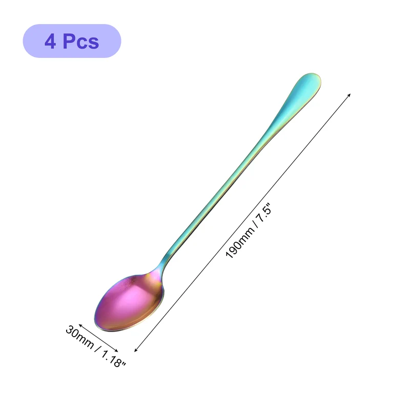 Set of 4 Long Handle Spoon, 7.5-Inch Stainless Steel Ice Cream Spoon Cocktail Stirring Spoons Coffee Spoons for Mixing, Beverage, Coffee (Rainbow)