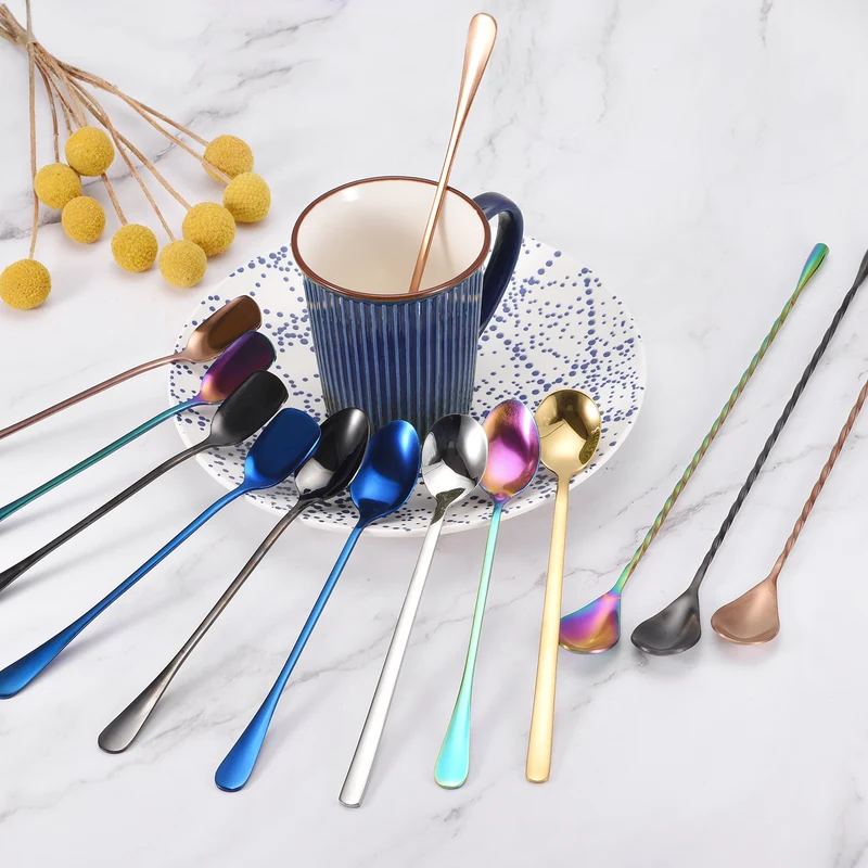 Set of 4 Long Handle Spoon, 7.5-Inch Stainless Steel Ice Cream Spoon Cocktail Stirring Spoons Coffee Spoons for Mixing, Beverage, Coffee (Rainbow)