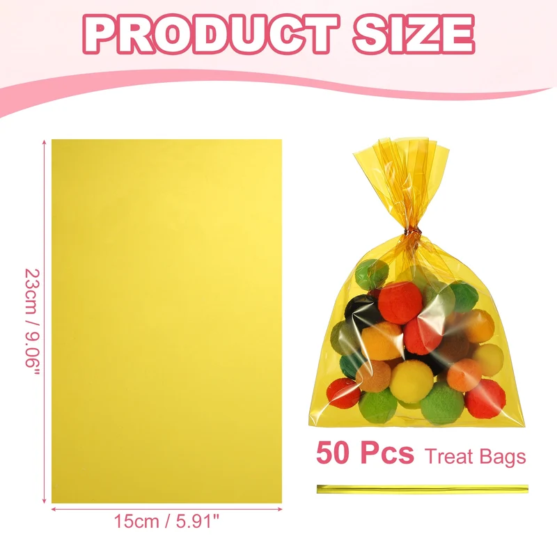 Treat Bags 50 Pcs 9x6 Inch Candy Gift Bags with Twist Ties Yellow