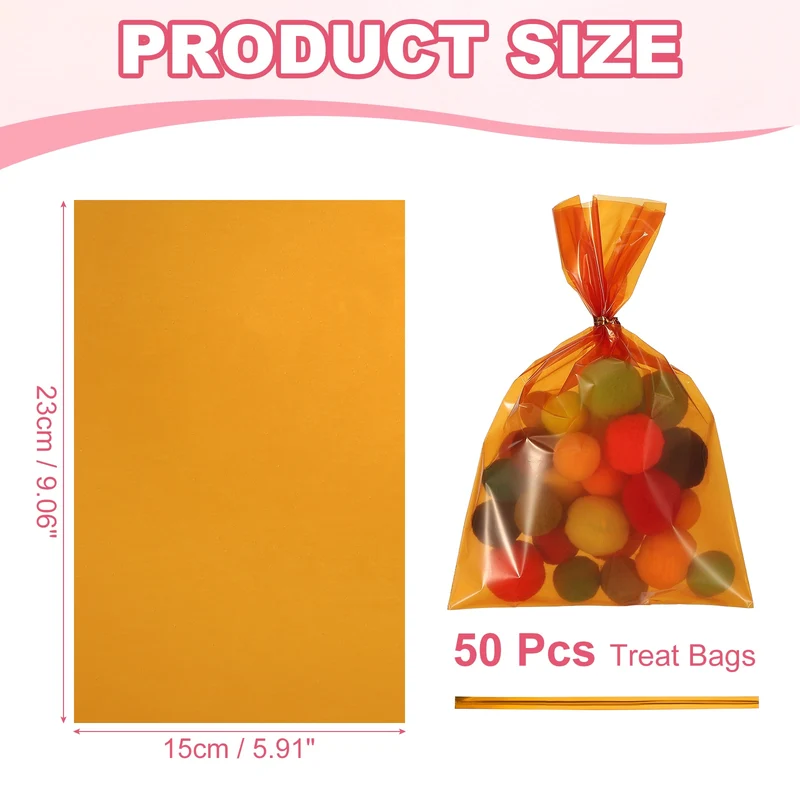 Treat Bags 50 Pcs 9x6 Inch Candy Gift Bags with Twist Ties Orange