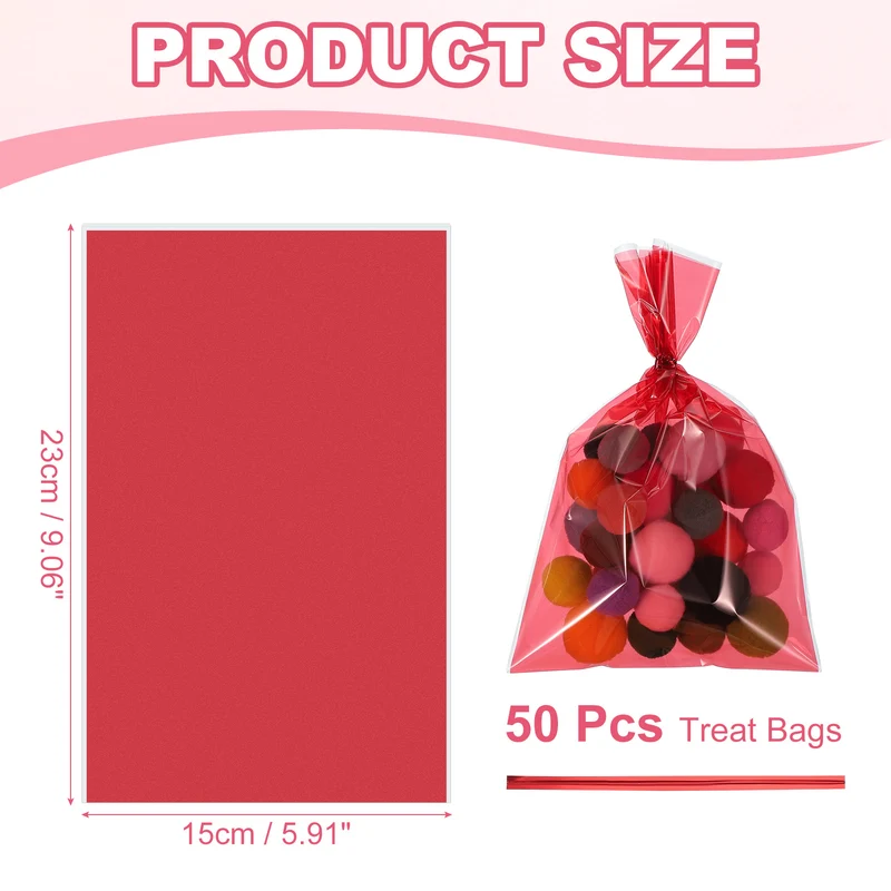 Treat Bags 50 Pcs 9x6 Inch Candy Gift Bags with Twist Ties Red