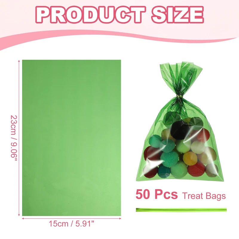Treat Bags 50 Pcs 9x6 Inch Candy Gift Bags with Twist Ties Green