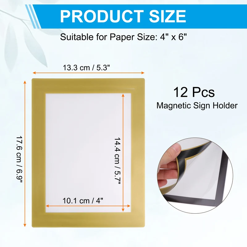 12Pcs 4 x 6 Inch Magnetic Sign Holder Self-Adhesive Border Wall Mount Gold