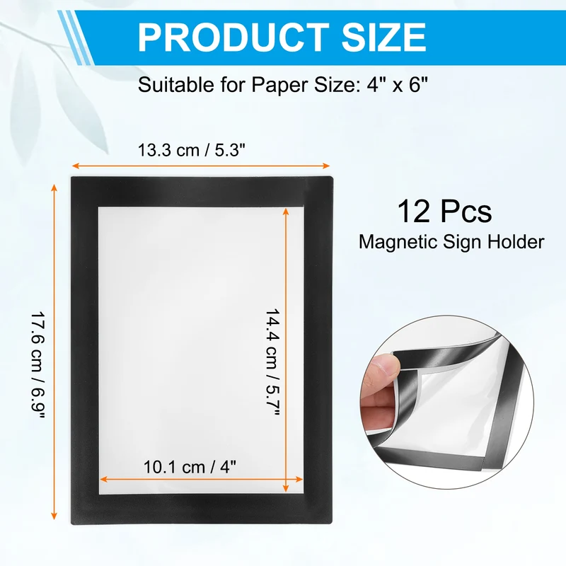 12Pcs 4 x 6 Inch Magnetic Sign Holder Self-Adhesive Border Wall Mount Black