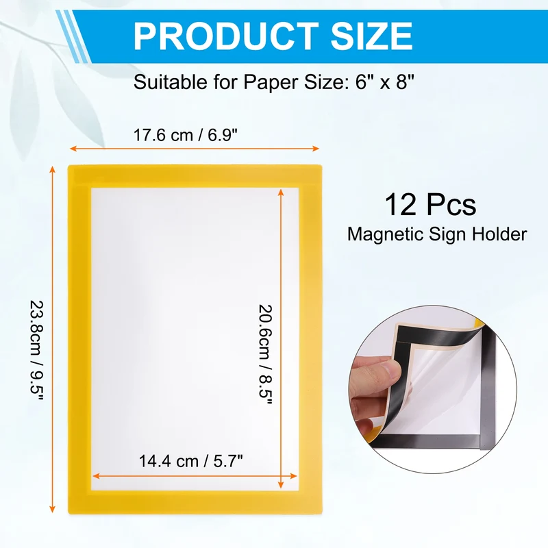 12Pcs 6 x 8 Inch Magnetic Sign Holder Self-Adhesive Border Wall Mount Yellow
